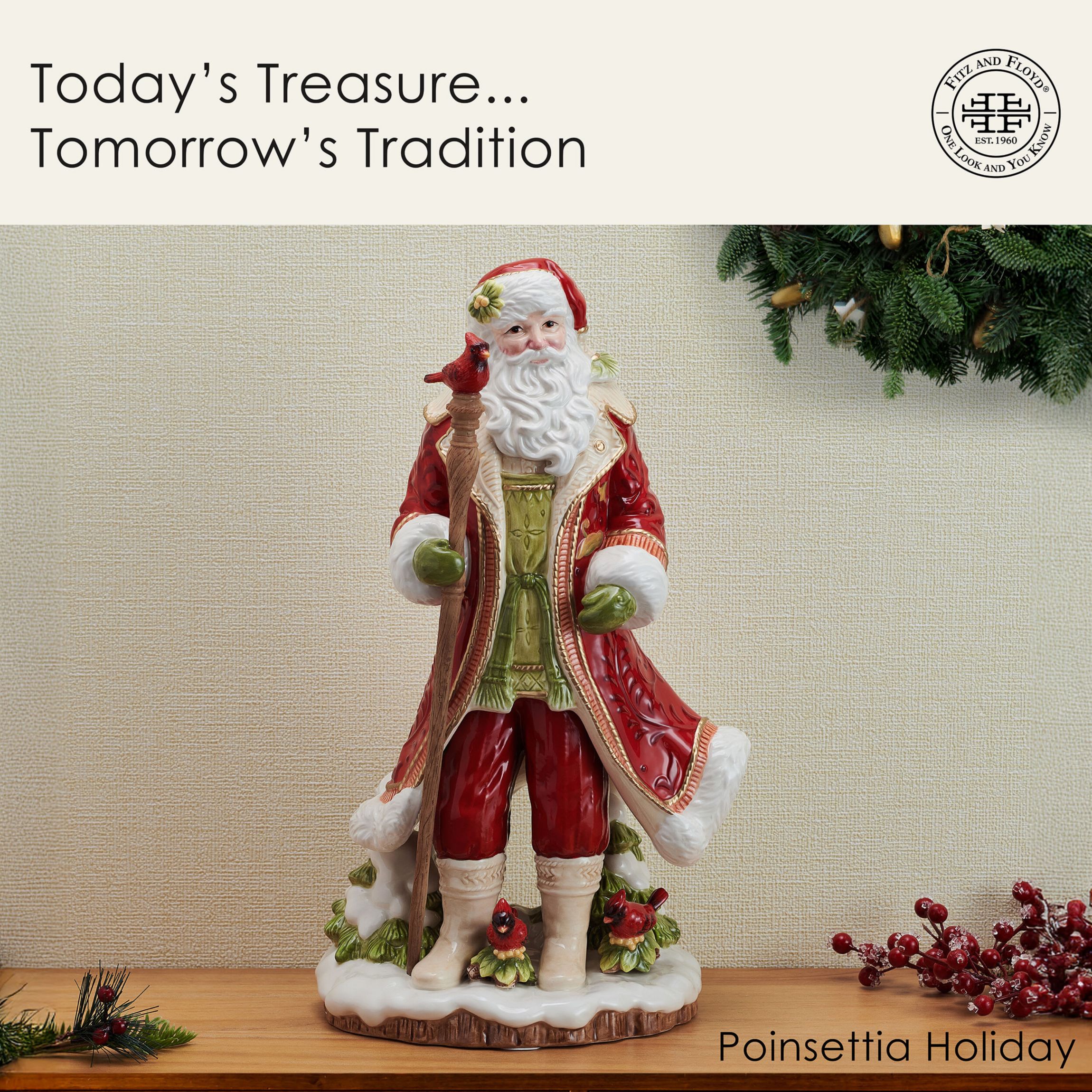 Fitz and Floyd Poinsettia Holiday Santa Figurine