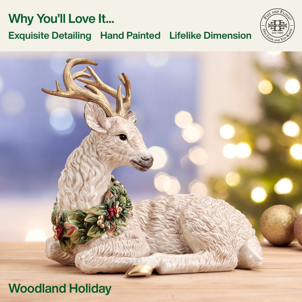 Fitz and Floyd Woodland Holiday Resting Deer Figurine