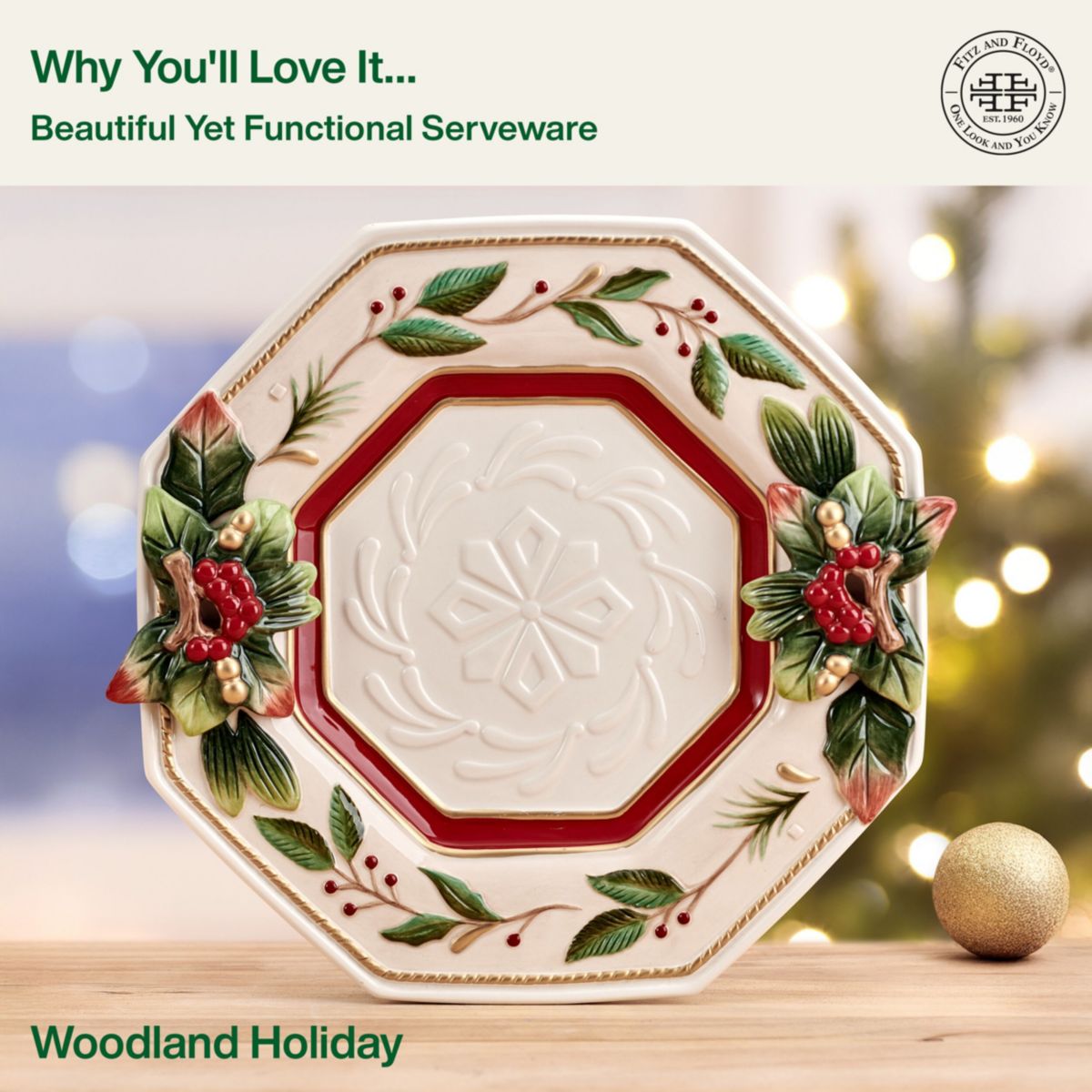 Fitz and Floyd Woodland Holiday Octagonal Server