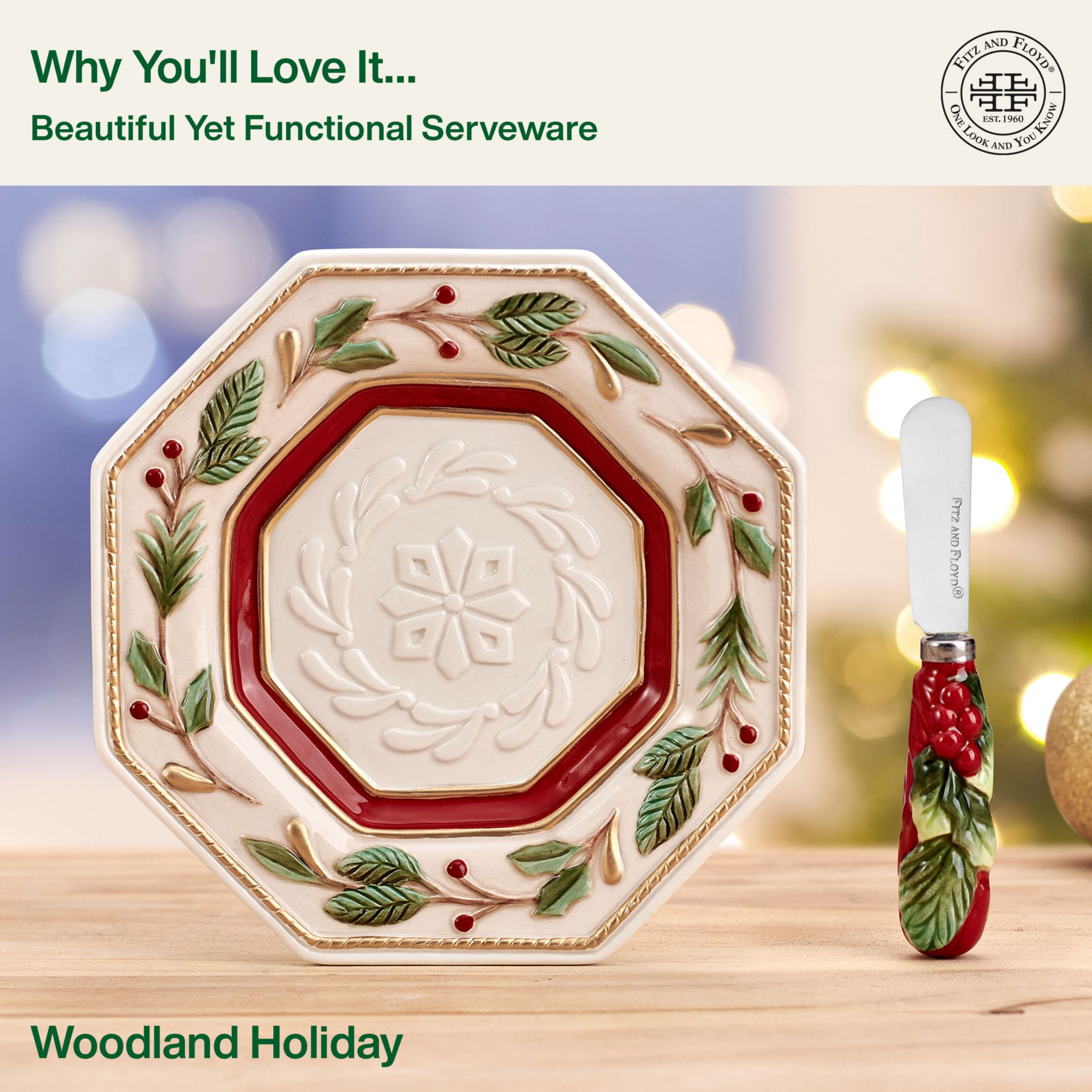 Fitz and Floyd Woodland Holiday Snack Plate with Spreader