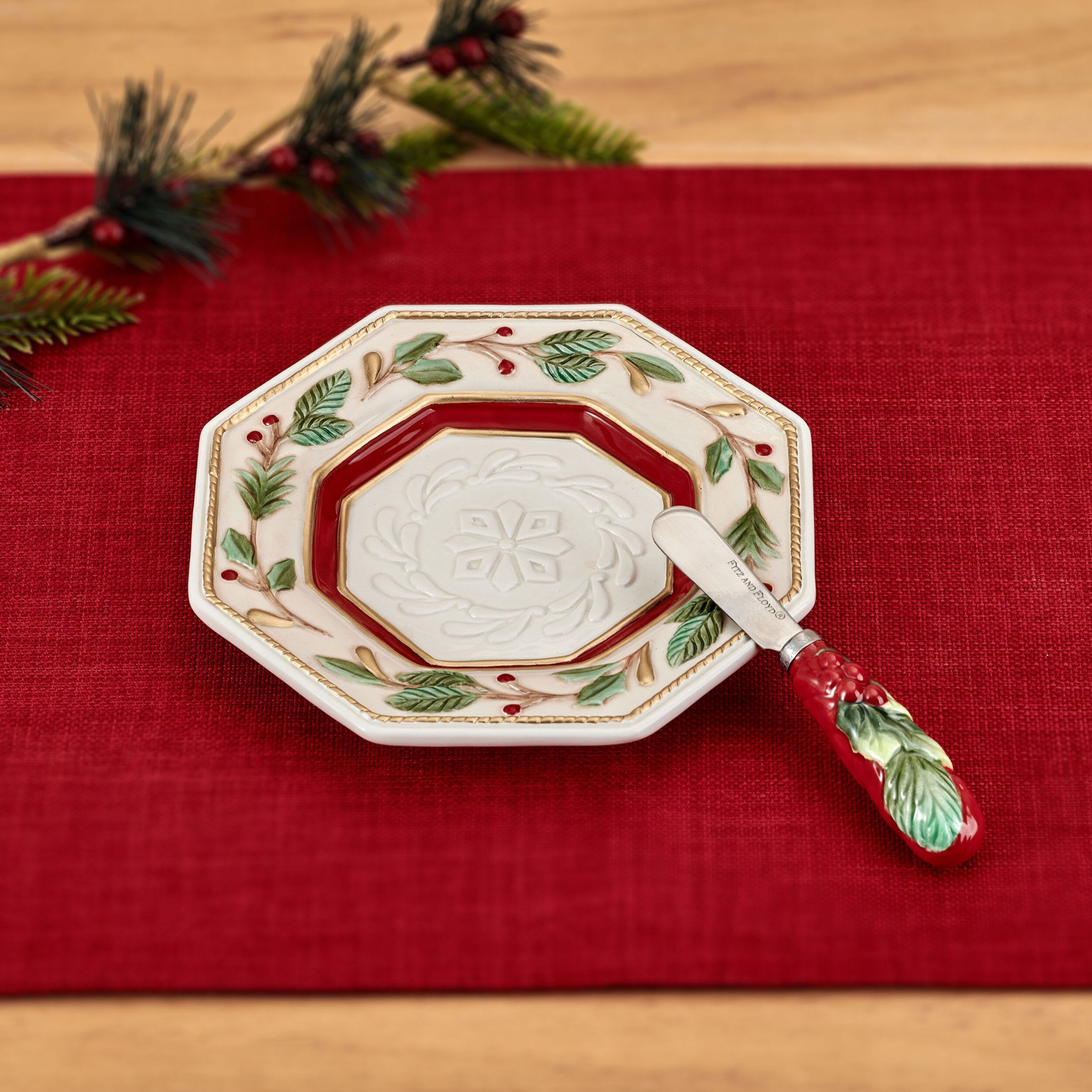 Fitz and Floyd Woodland Holiday Snack Plate with Spreader