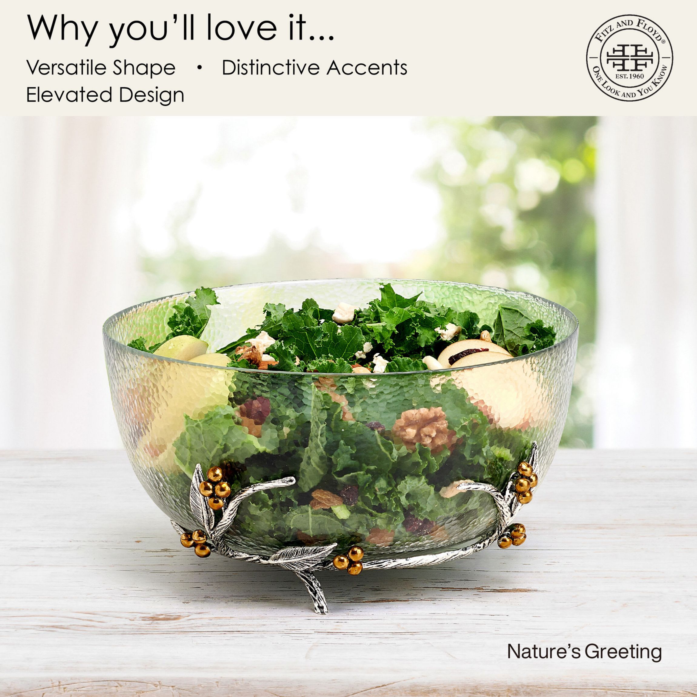 Fitz and Floyd Natures Greeting Glass Centerpiece Serve Bowl, 5 Quart