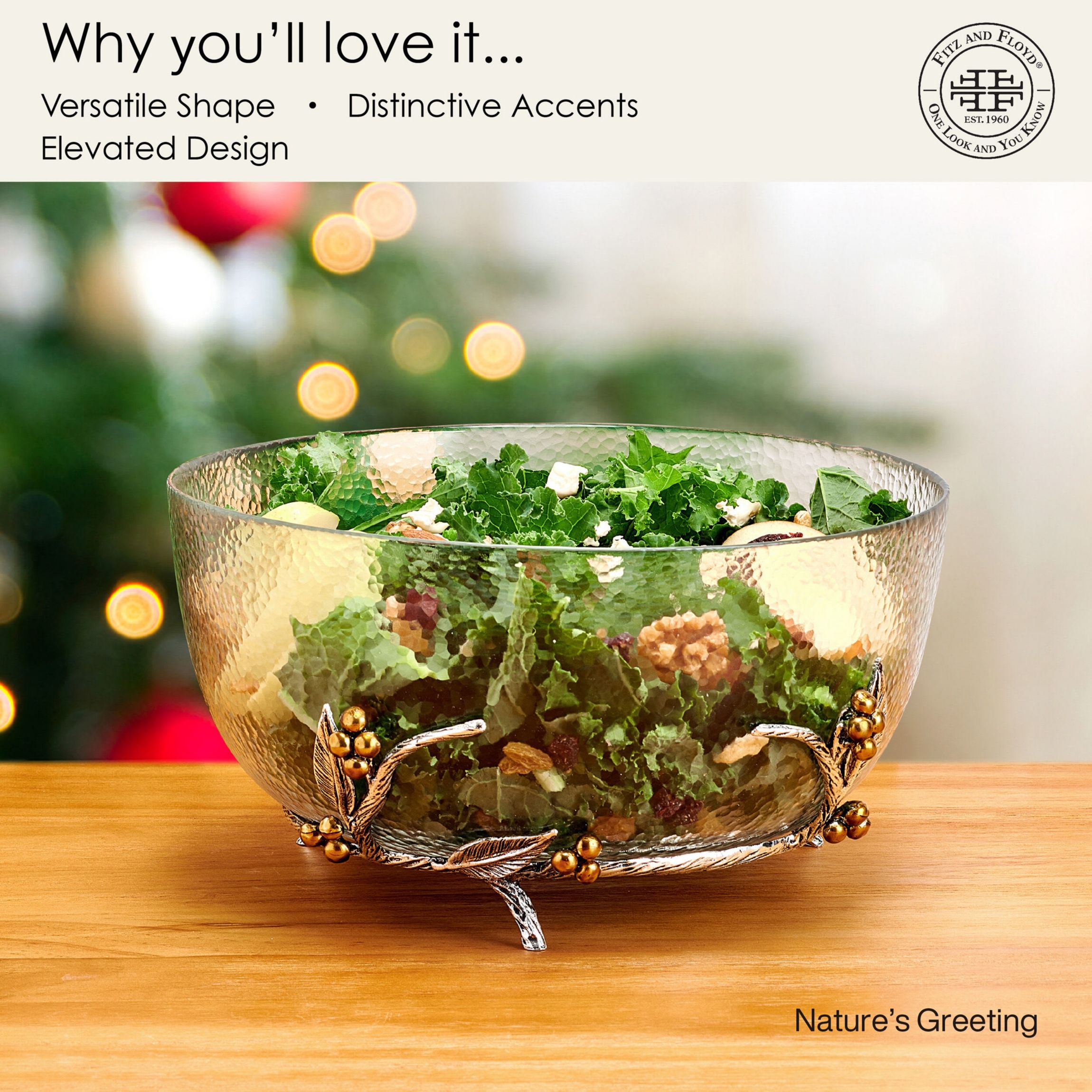 Fitz and Floyd Natures Greeting Glass Centerpiece Serve Bowl, 5 Quart