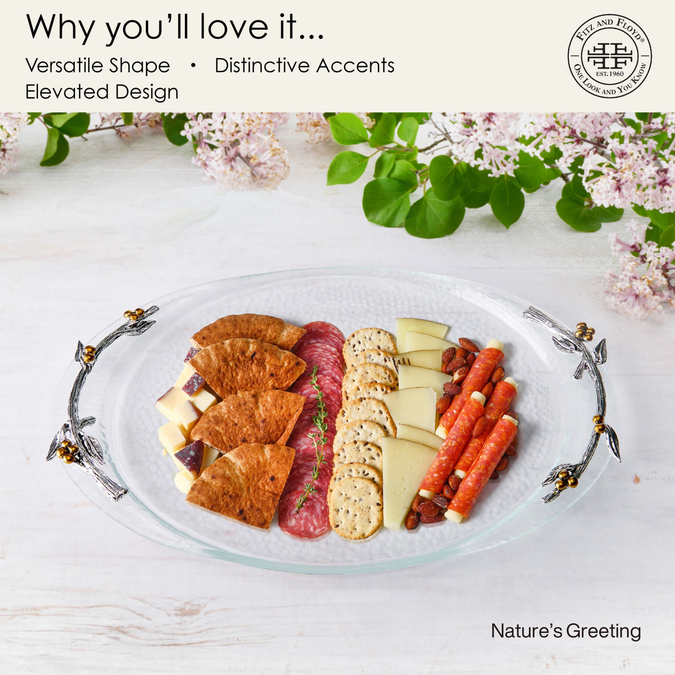 Fitz and Floyd Natures Greeting Glass Serve Decorative Tray , 14 x 9.75 x 1.25 Inch