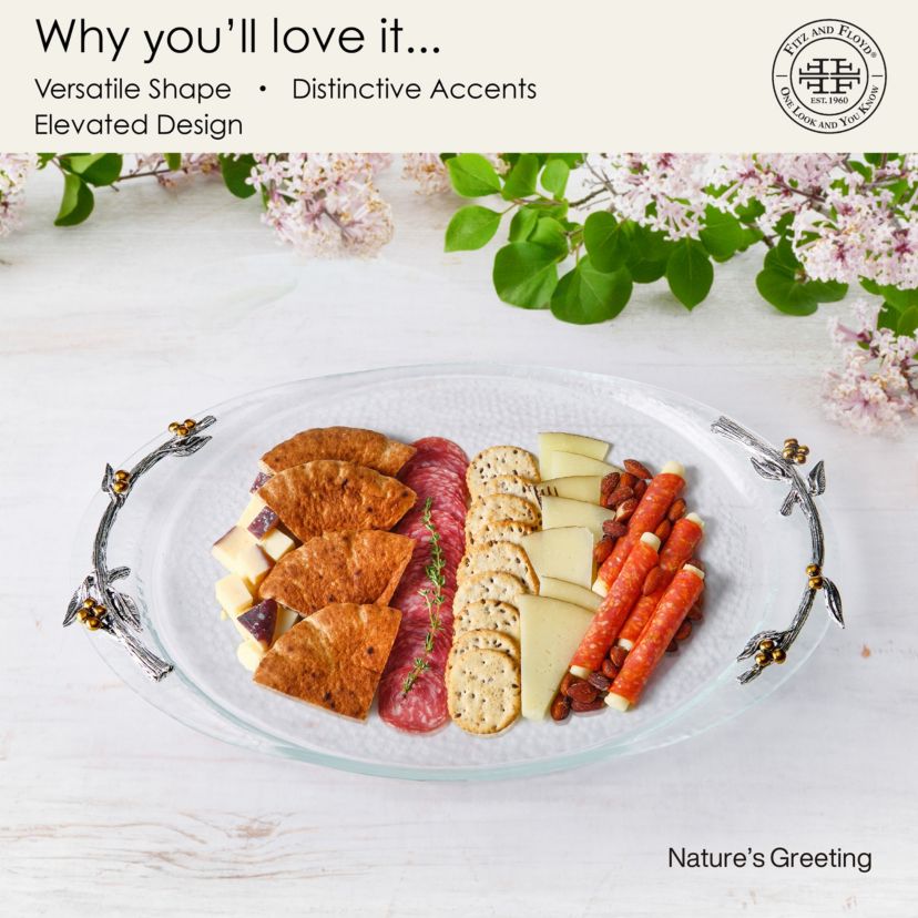 Fitz and Floyd Natures Greeting Glass Serve Decorative Tray , 14 x 9.75 x 1.25 Inch