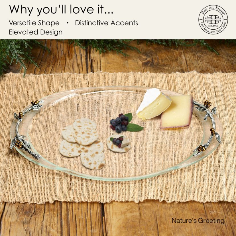 Fitz and Floyd Natures Greeting Glass Serve Decorative Tray , 14 x 9.75 x 1.25 Inch