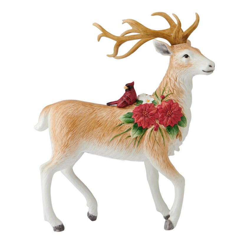 Fitz and Floyd Poinsettia Holiday Standing Deer Figurine