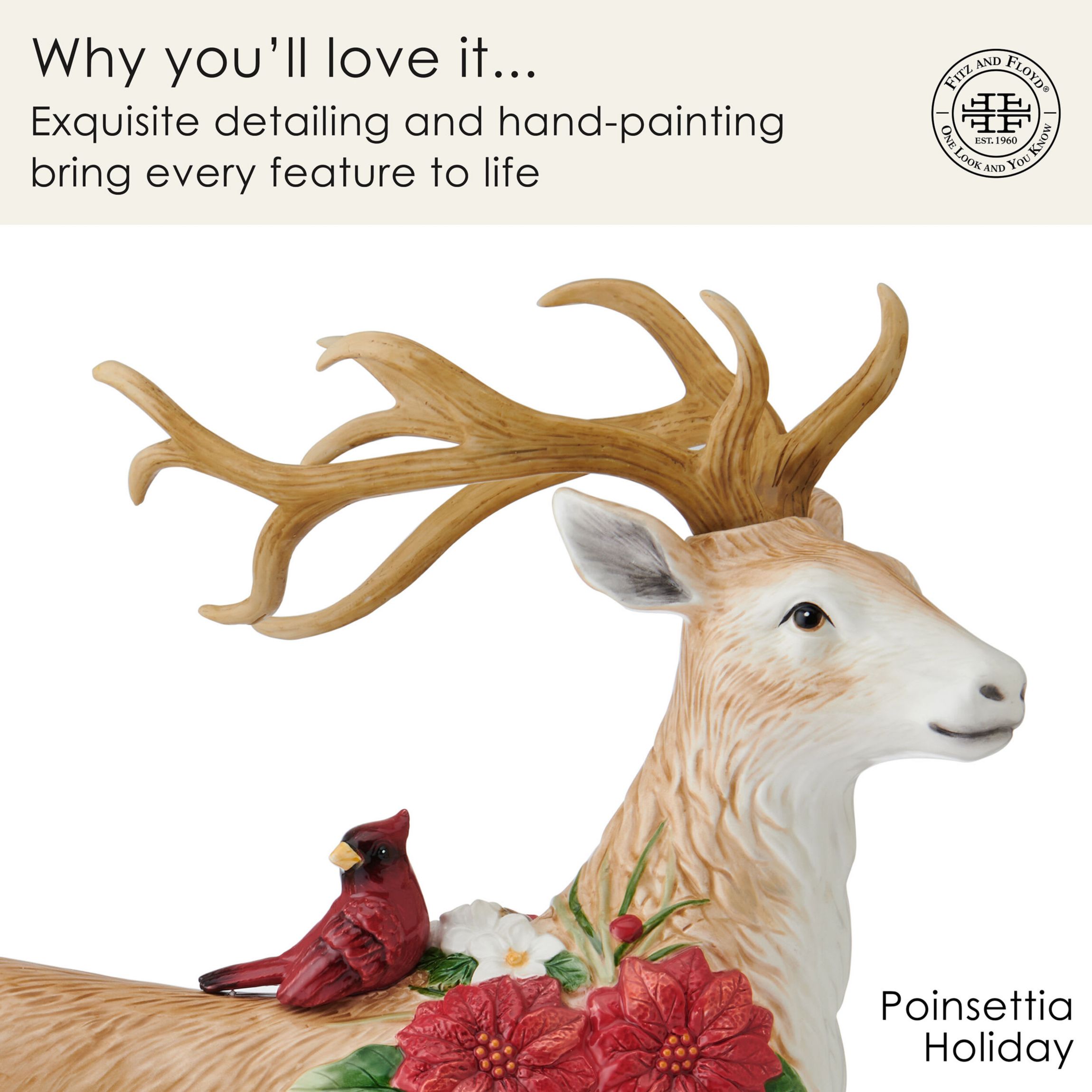 Fitz and Floyd Poinsettia Holiday Standing Deer Figurine