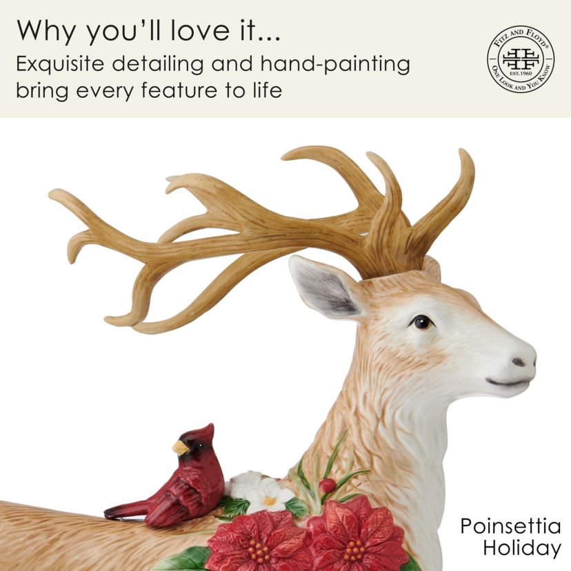 Fitz and Floyd Poinsettia Holiday Standing Deer Figurine