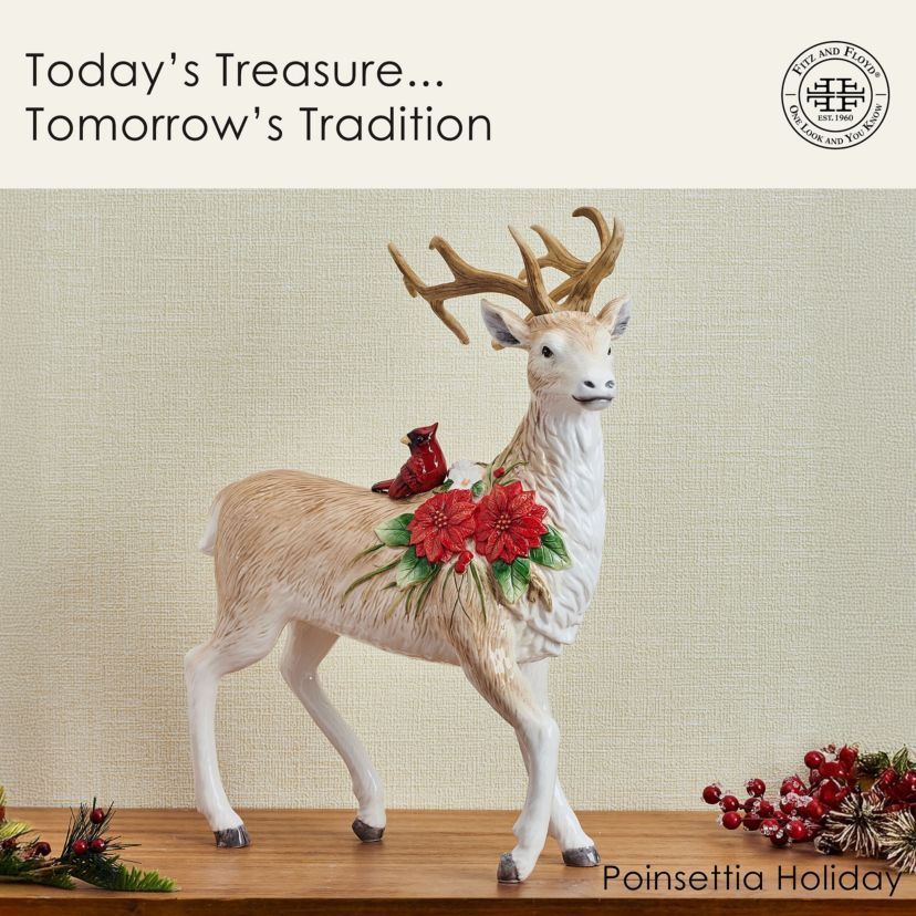 Fitz and Floyd Poinsettia Holiday Standing Deer Figurine