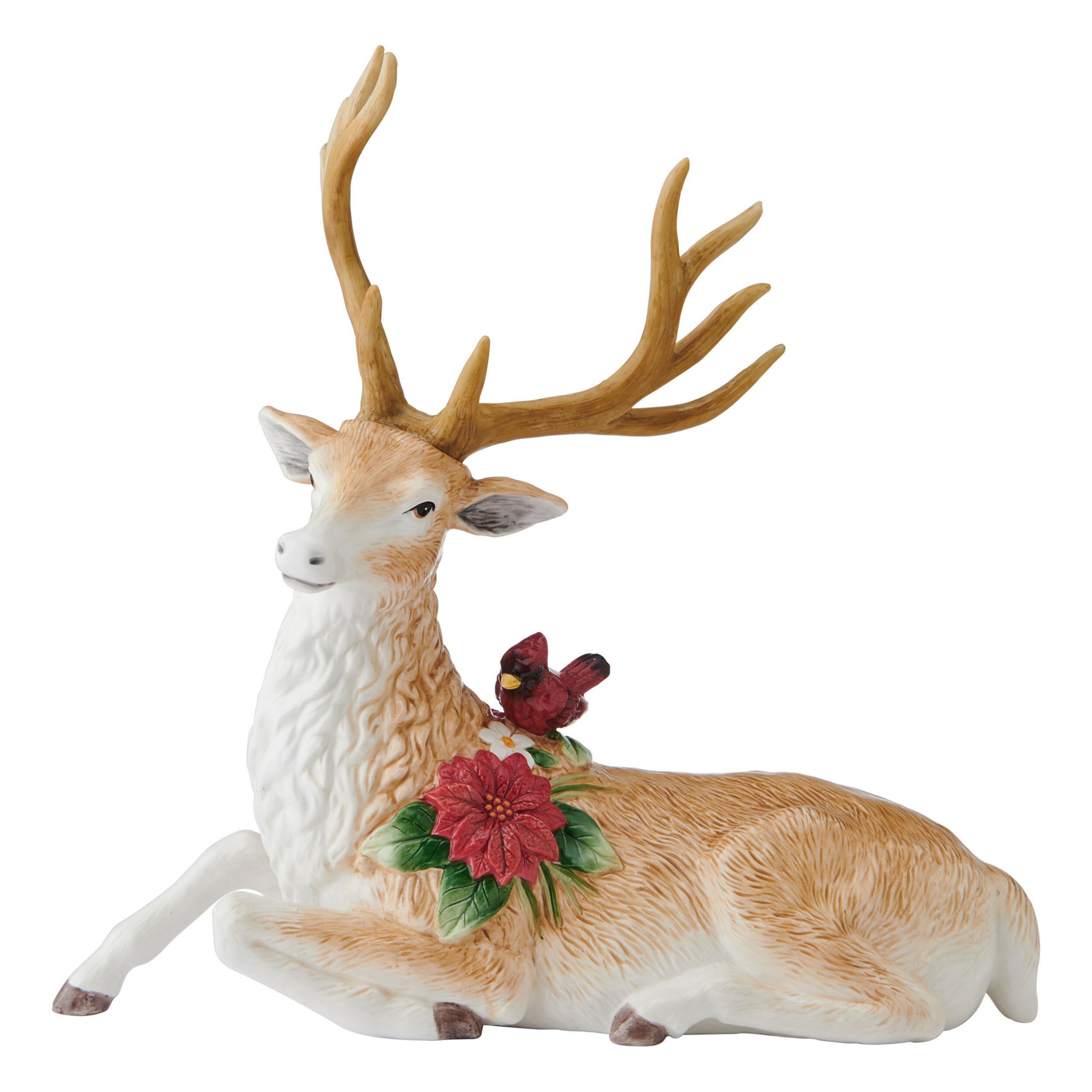 Fitz and Floyd Poinsettia Holiday Resting Deer Figurine