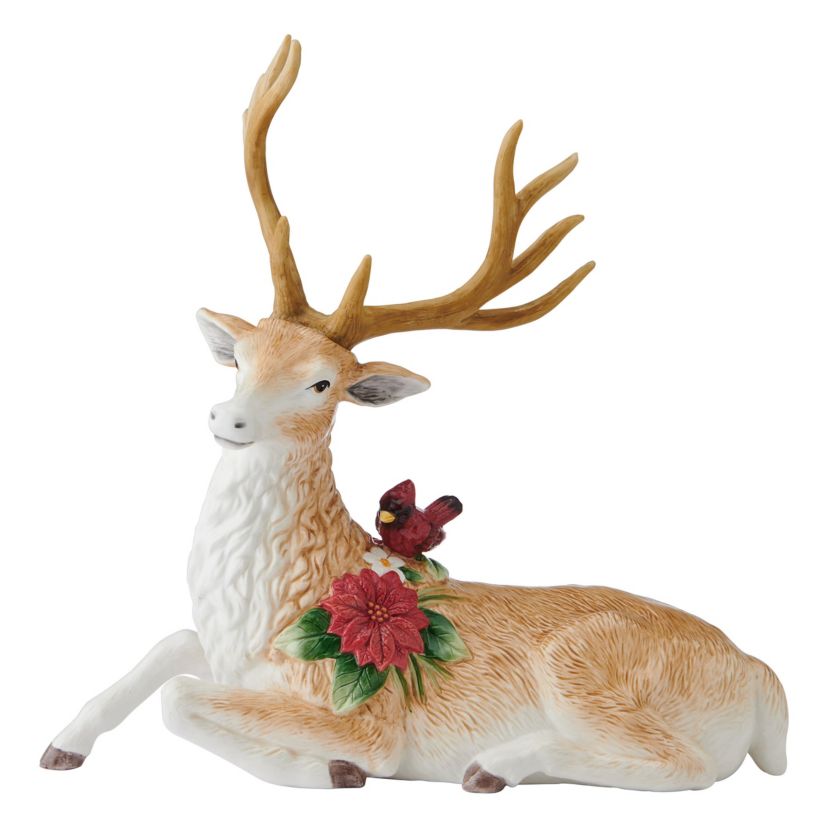 Fitz and Floyd Poinsettia Holiday Resting Deer Figurine