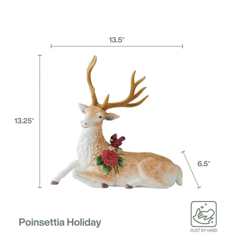 Fitz and Floyd Poinsettia Holiday Resting Deer Figurine