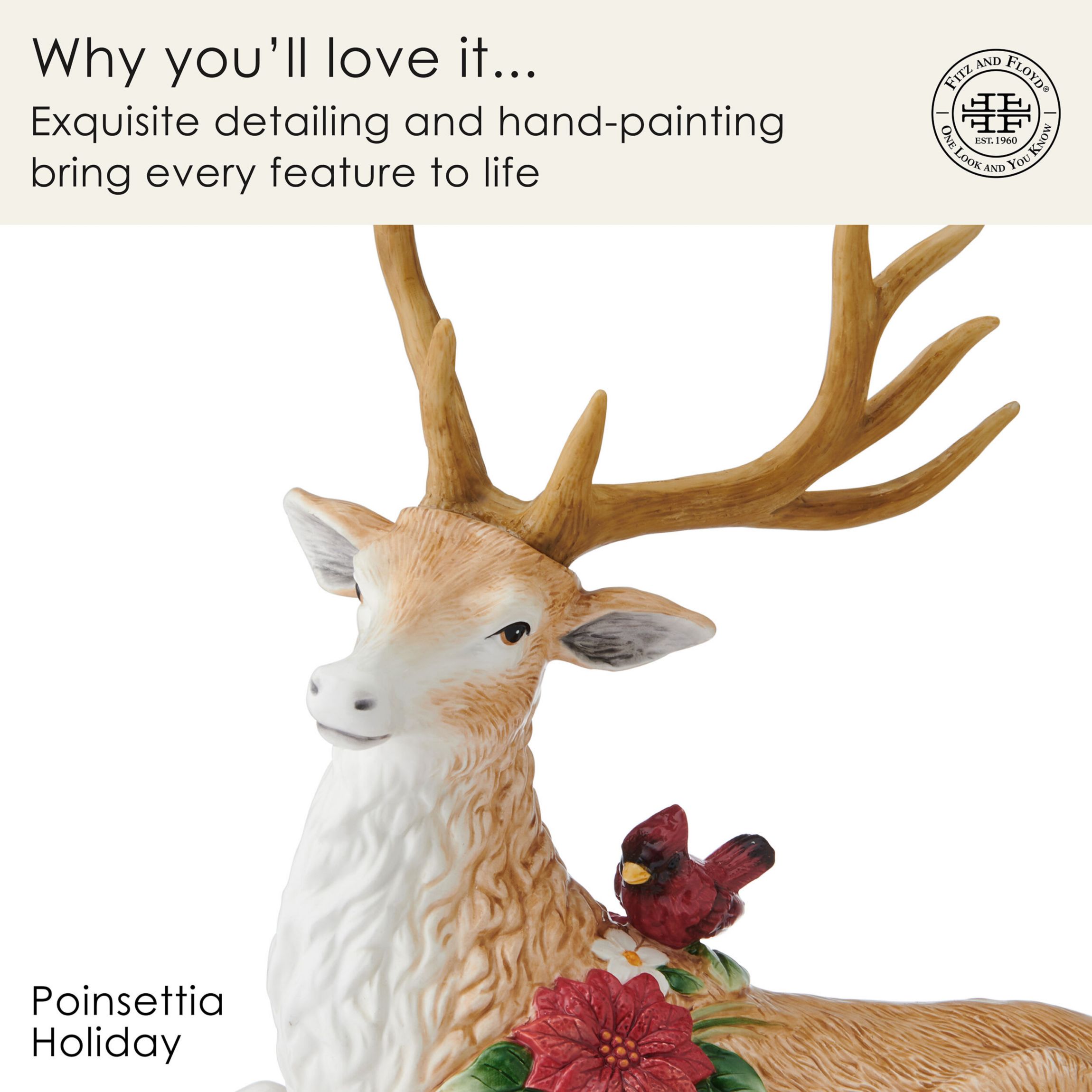 Fitz and Floyd Poinsettia Holiday Resting Deer Figurine