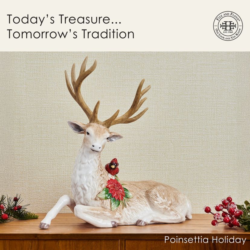 Fitz and Floyd Poinsettia Holiday Resting Deer Figurine