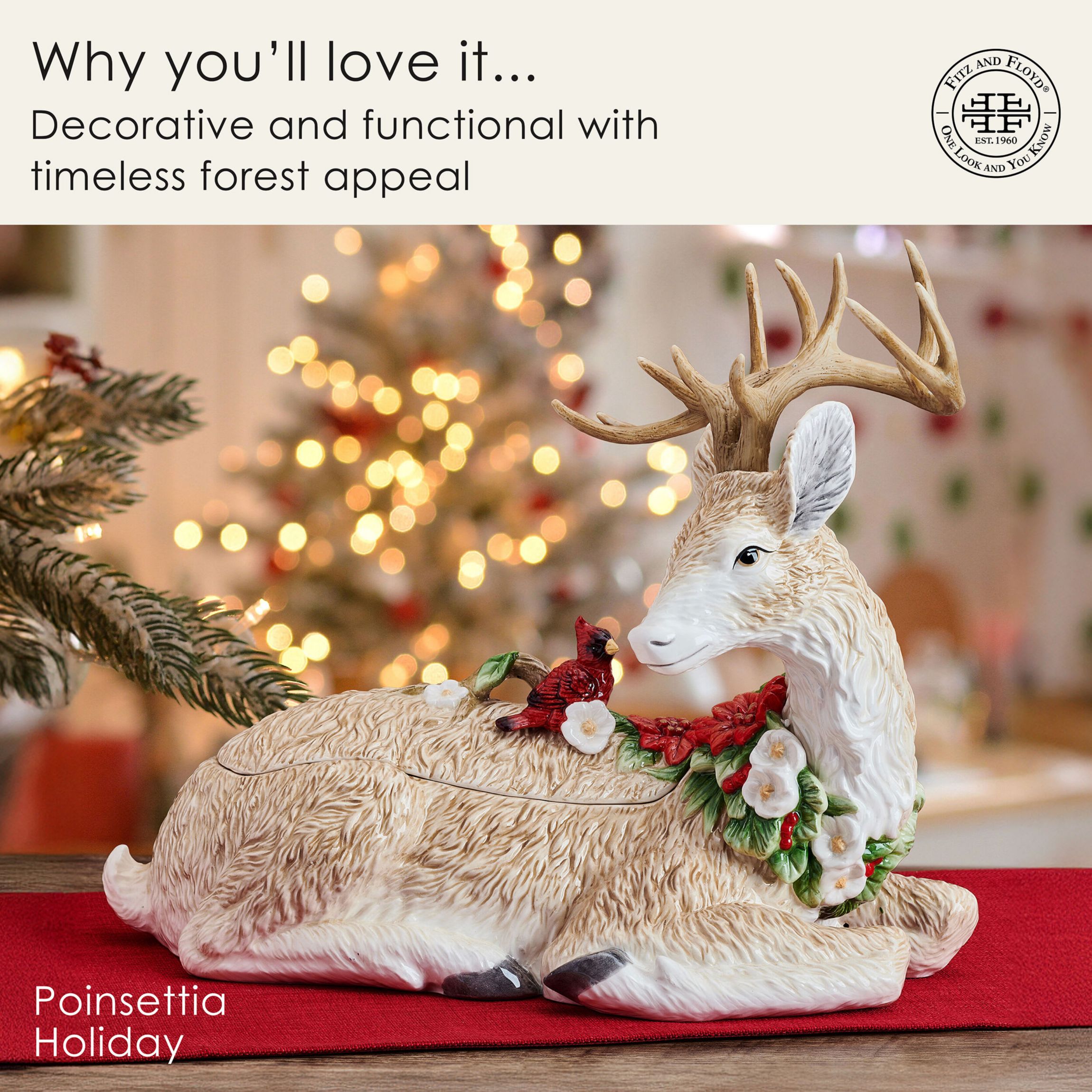 Fitz and Floyd Poinsettia Holiday Deer Cookie Jar