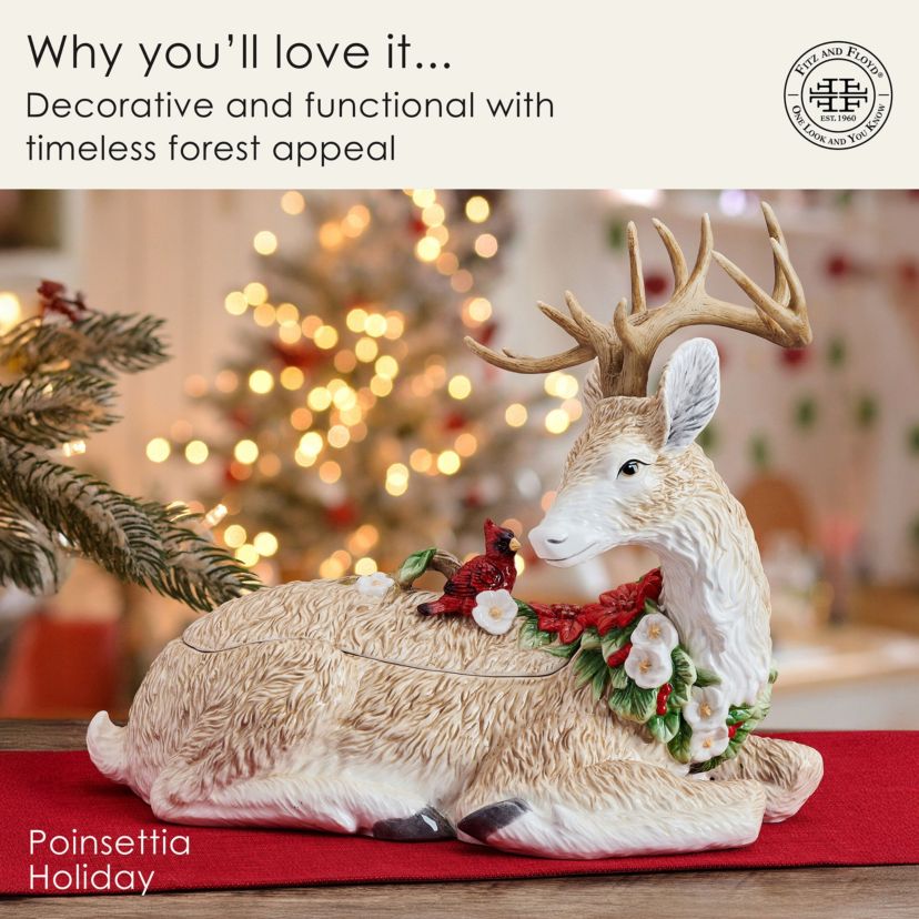 Fitz and Floyd Poinsettia Holiday Deer Cookie Jar