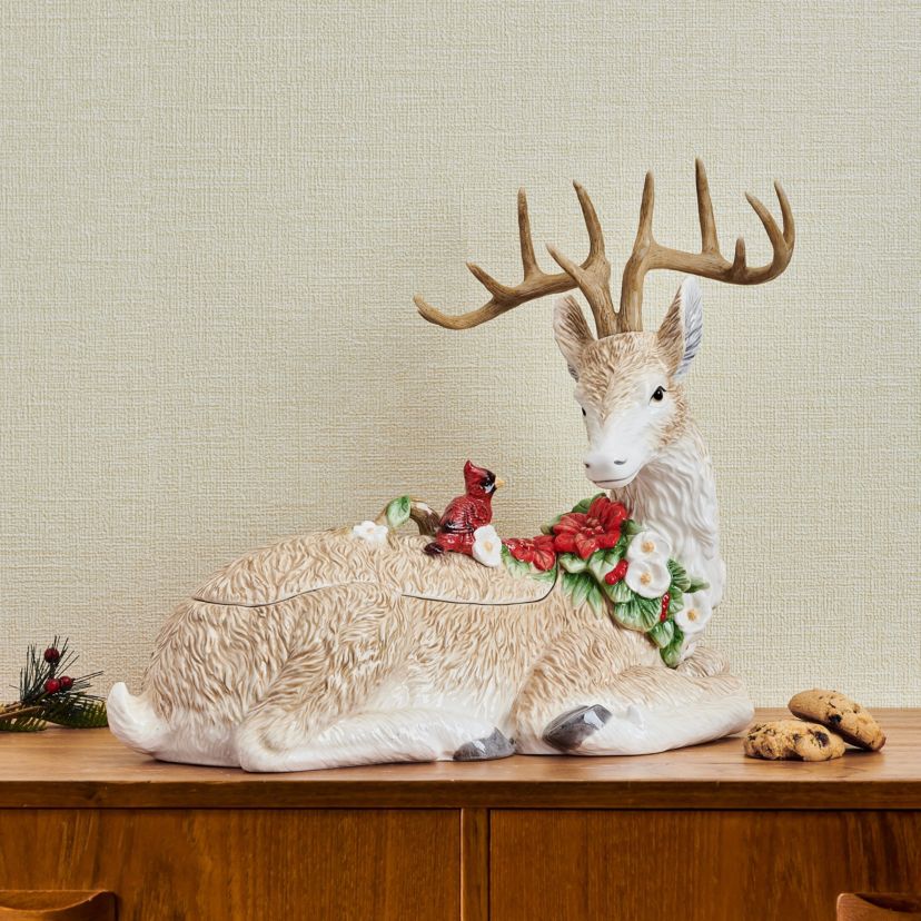 Fitz and Floyd Poinsettia Holiday Deer Cookie Jar