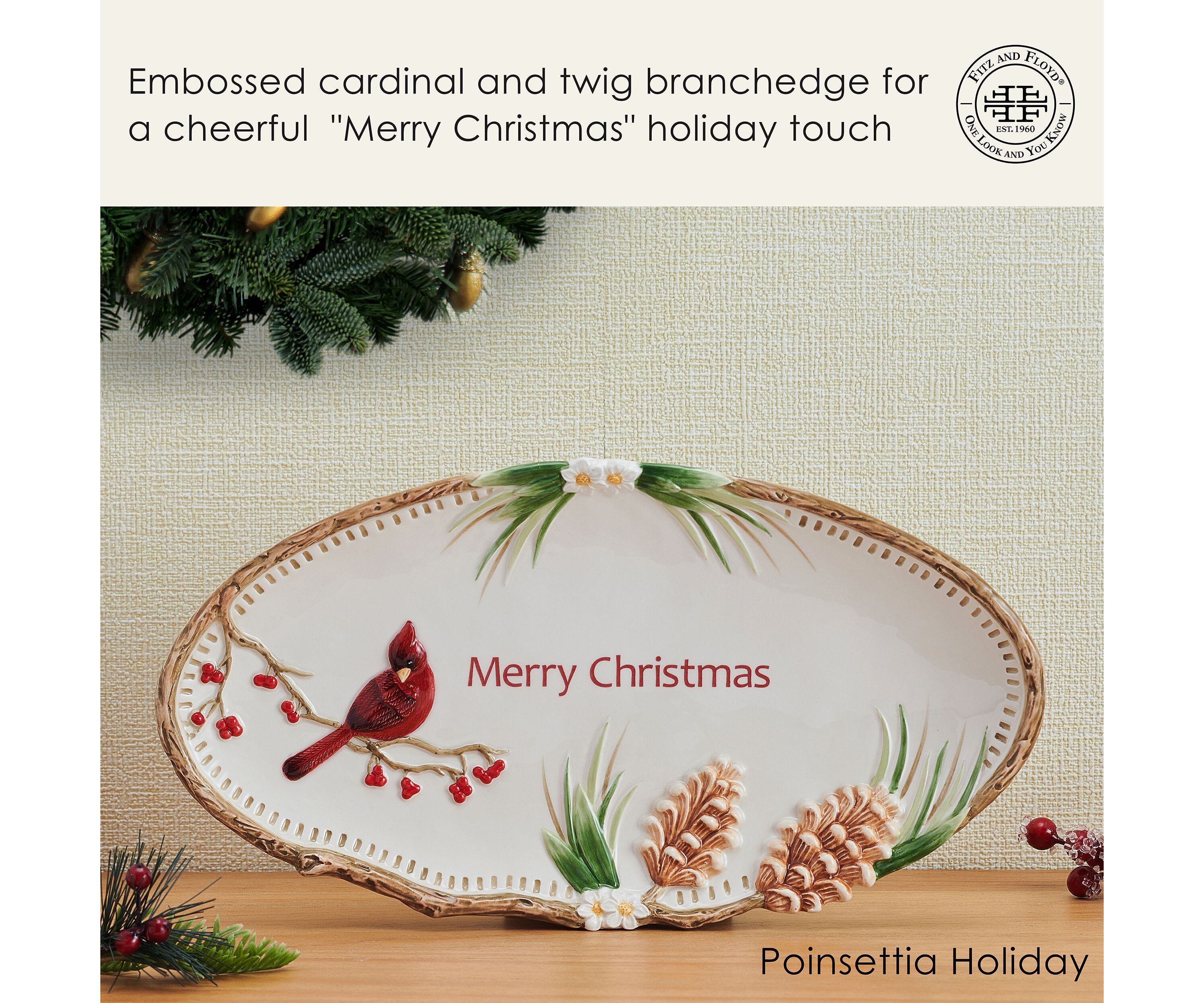 Fitz and Floyd Poinsettia Holiday Sentiment Tray