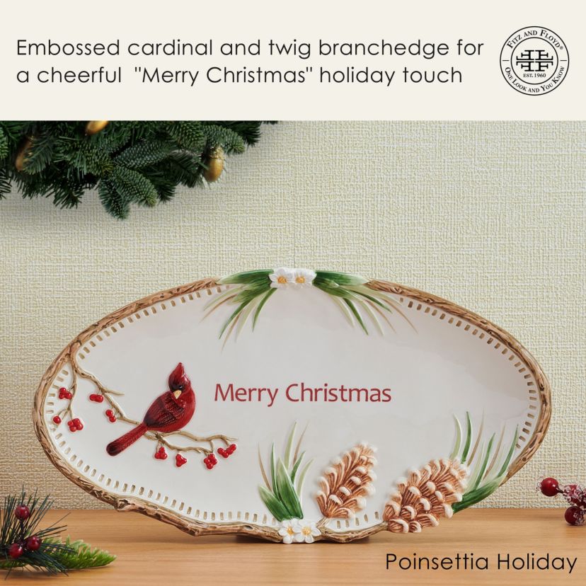 Fitz and Floyd Poinsettia Holiday Sentiment Tray