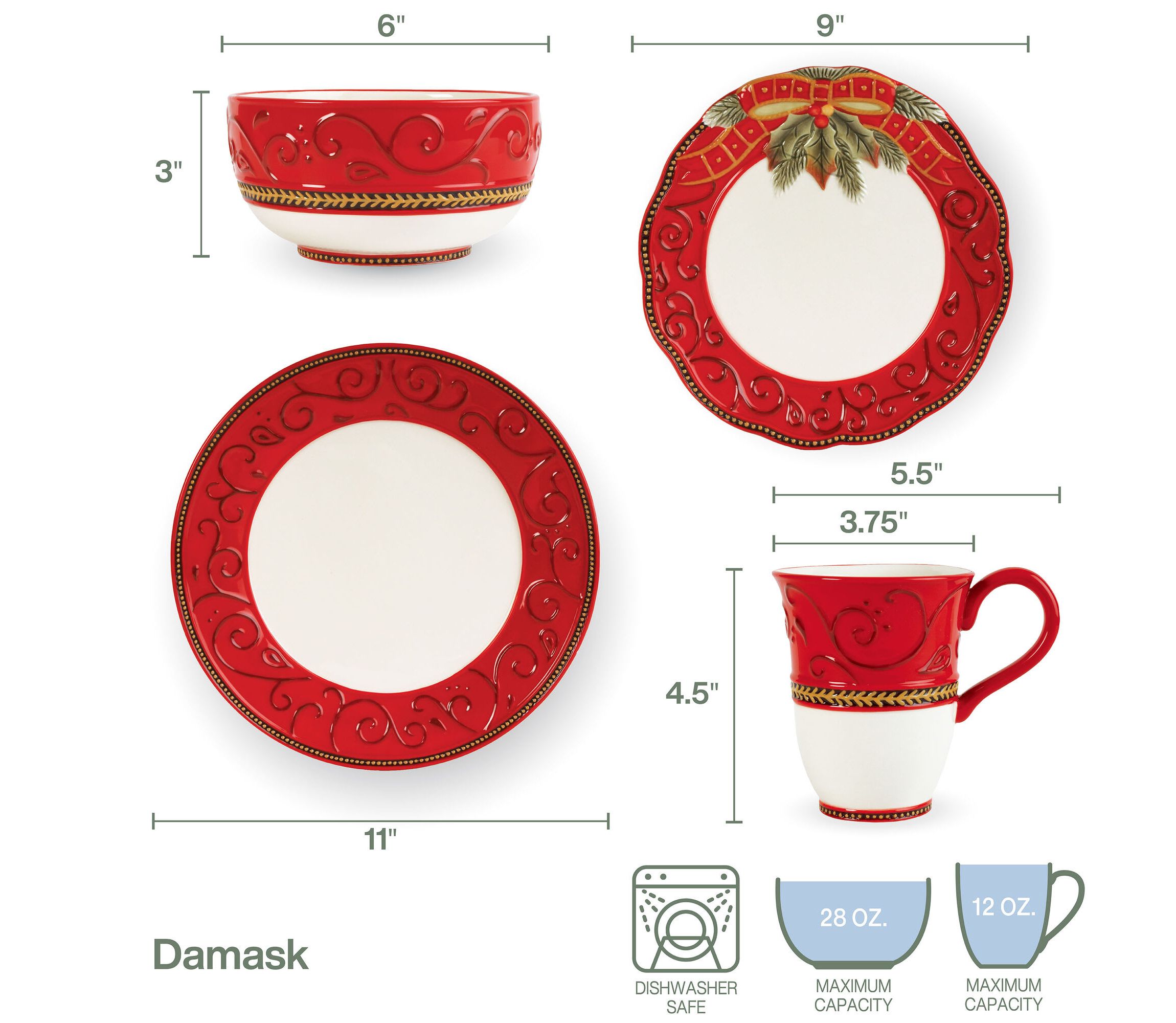 Damask Holiday 4 pc Place Setting, Service for 1