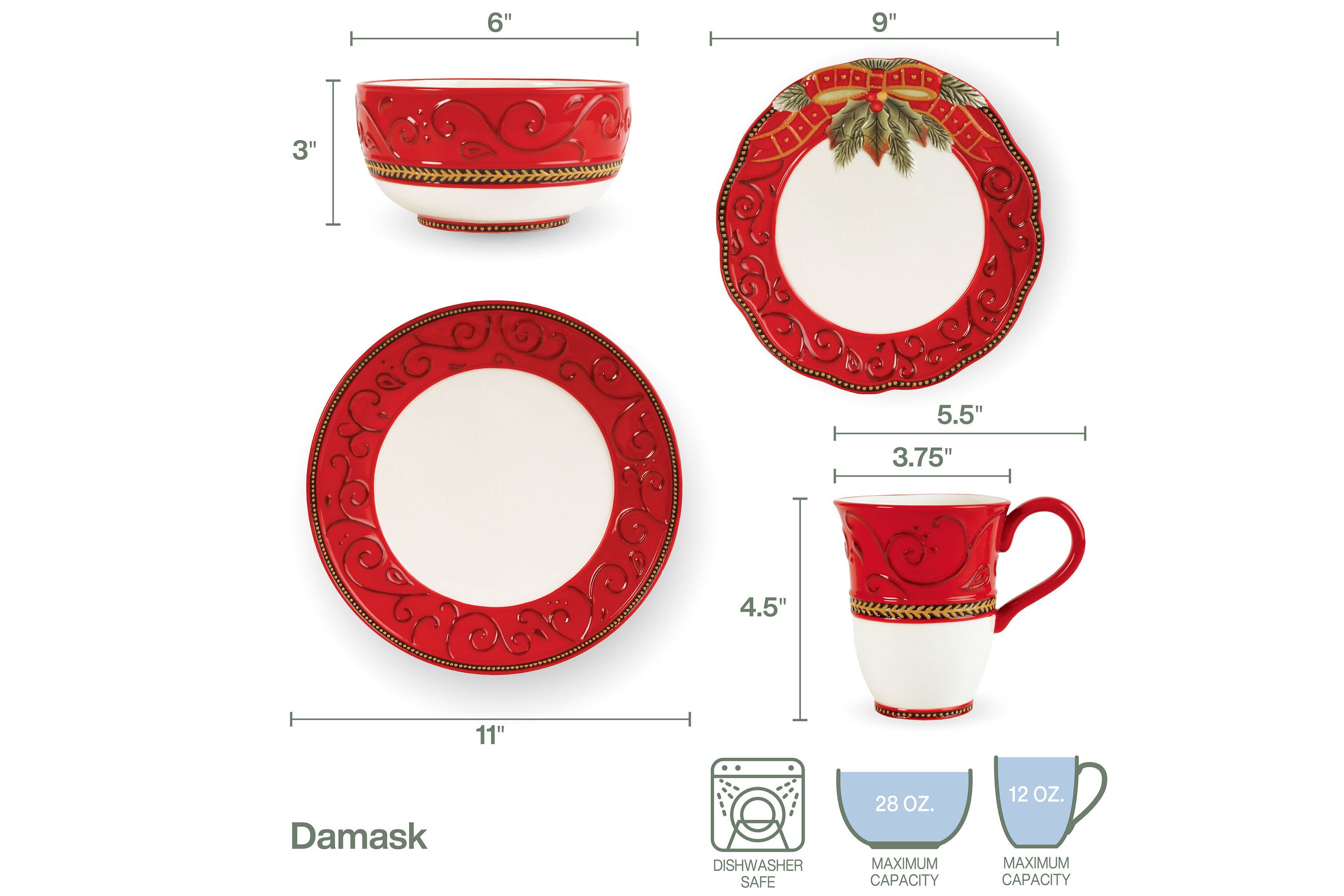 Damask Holiday 4 pc Place Setting, Service for 1