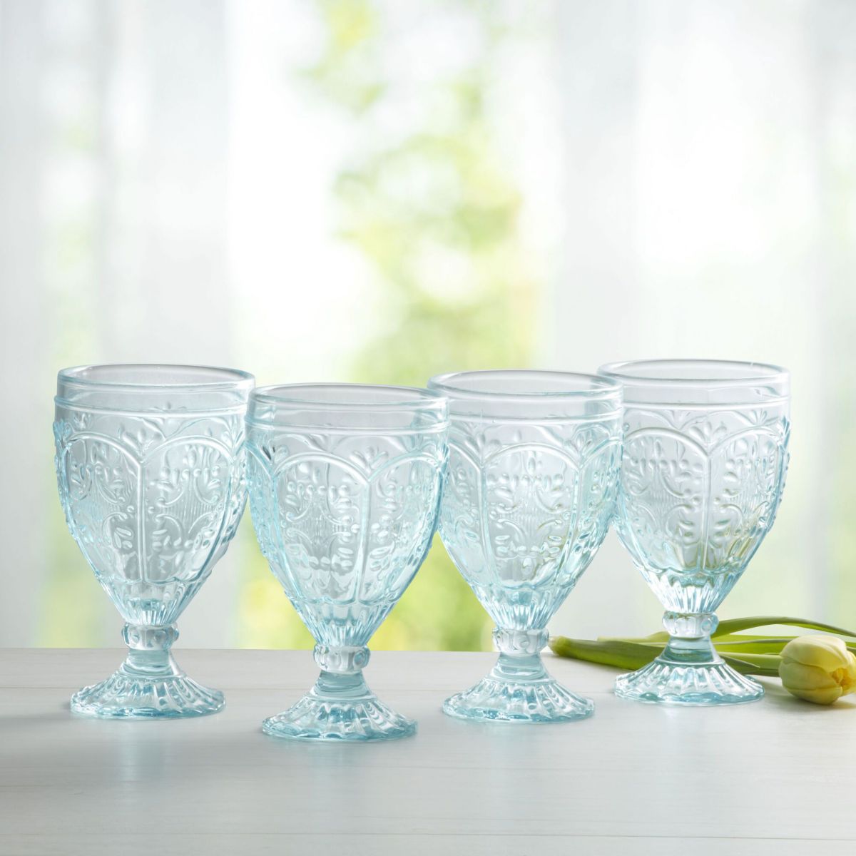 Trestle Glassware Ornate Goblets, 4 Count , Aqua, 12-ounce