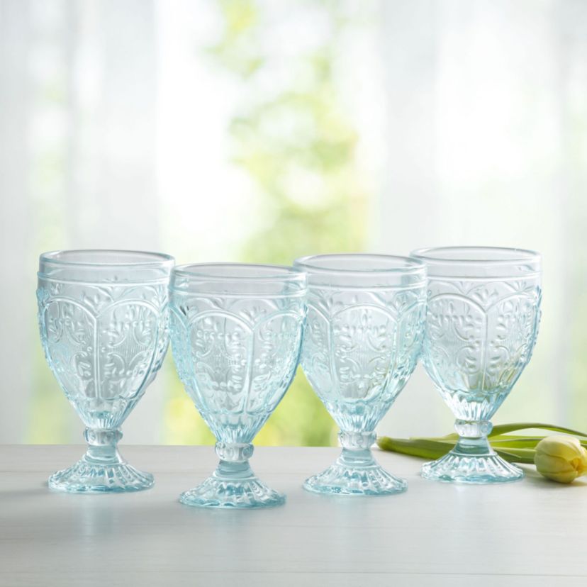Trestle Glassware Ornate Goblets, 4 Count , Aqua, 12-ounce