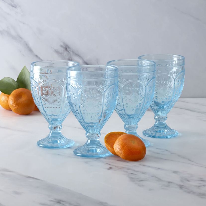 Trestle Glassware Ornate Goblets, 4 Count , Aqua, 12-ounce