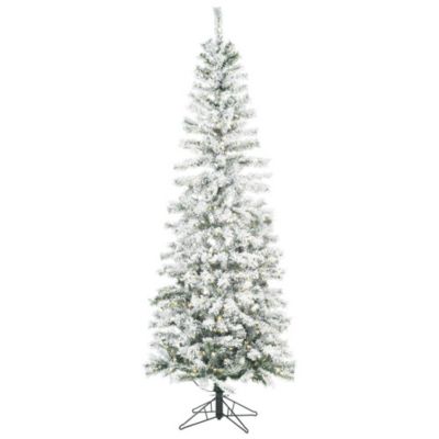 Vickerman 7.5' Flocked Pacific Pencil Artificial Christmas Tree with Pure White LED Lights, Green, 7.5 Foot