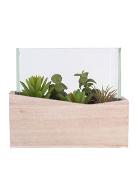Vickerman Green Assorted Succulents in Wood Container