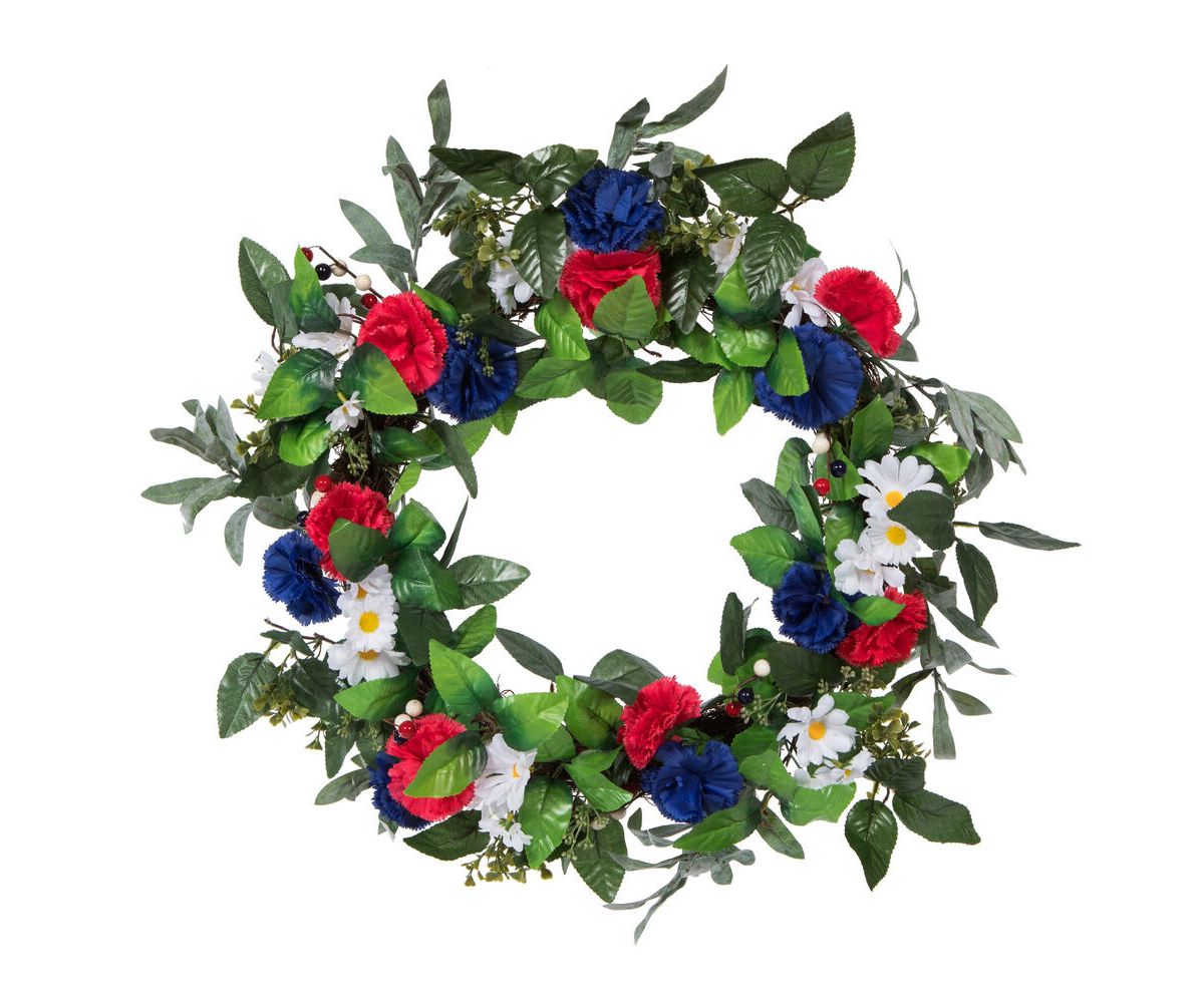 Vickerman 22" Artificial Mixed Floral Wreath With Red, White, And Blue Flowers and Berries