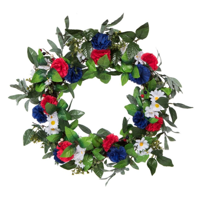 Vickerman 22" Artificial Mixed Floral Wreath With Red, White, And Blue Flowers and Berries