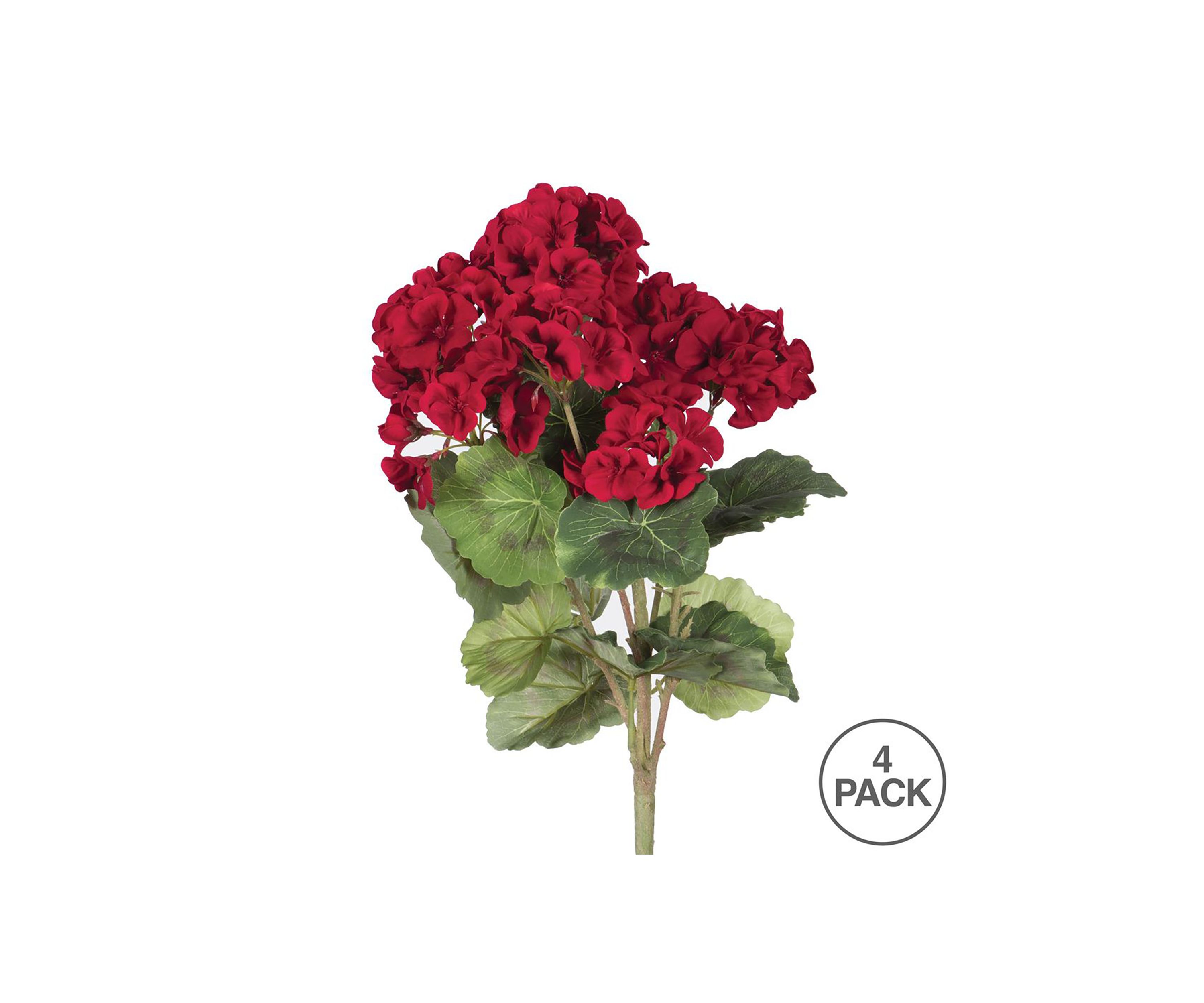 Vickerman 18" Artificial Red Geranium Bush, 4 Pack