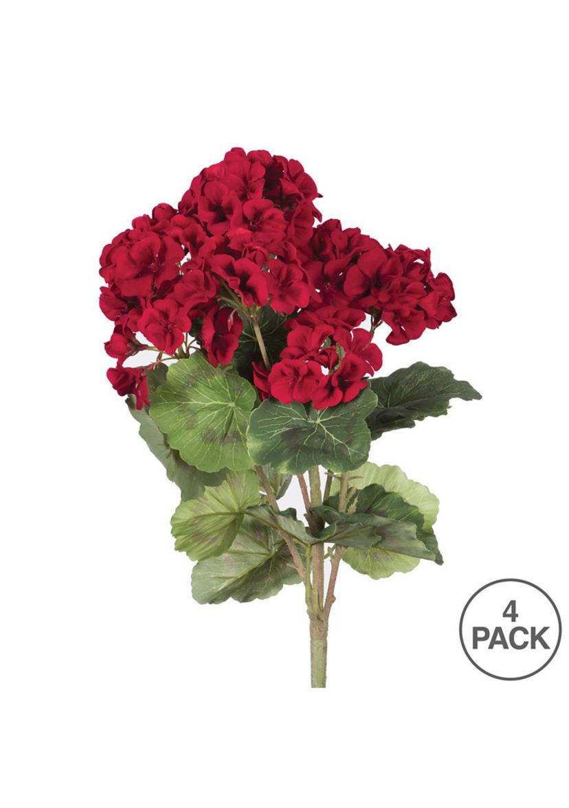 Vickerman 18" Artificial Red Geranium Bush, 4 Pack