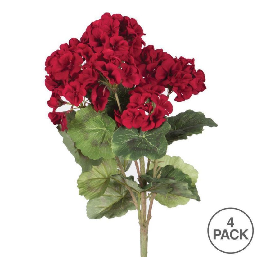 Vickerman 18" Artificial Red Geranium Bush, 4 Pack