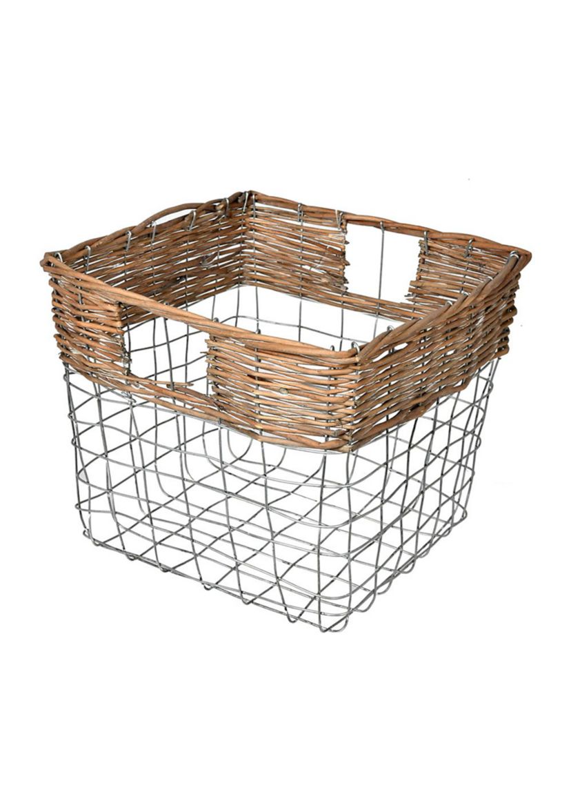 Square Wire Basket with Woven Bamboo