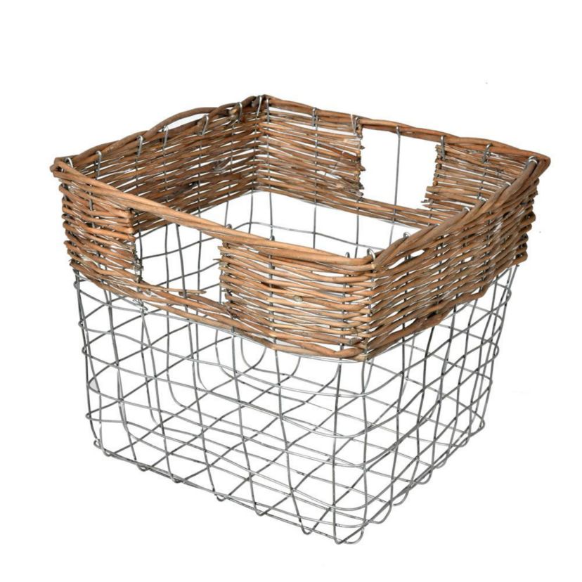 Square Wire Basket with Woven Bamboo
