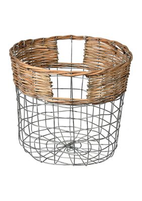 Vickerman Round Wire Basket with Woven Bamboo, Brown