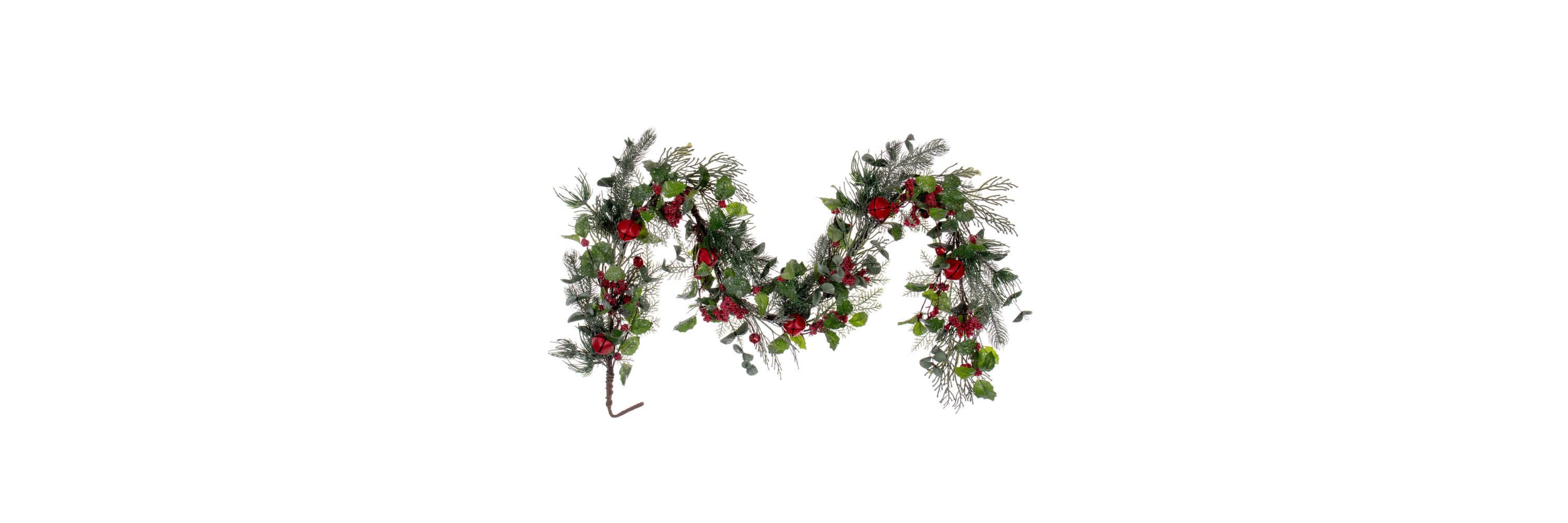 Vickerman 5 Green Artificial Holly Pine and Red Jingle Bell Garland.