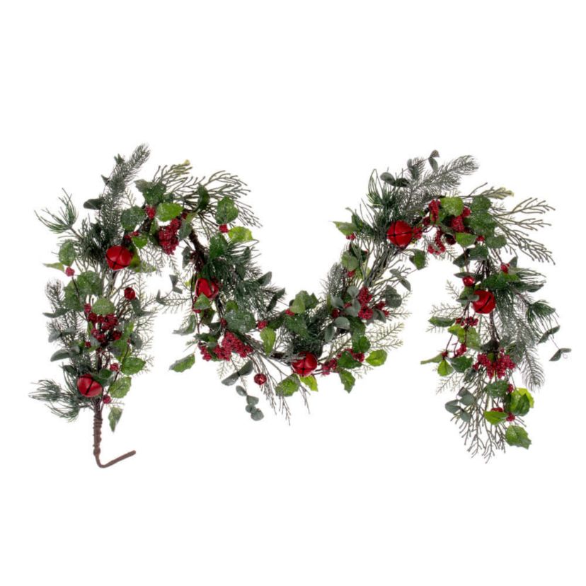 Vickerman 5 Green Artificial Holly Pine and Red Jingle Bell Garland.