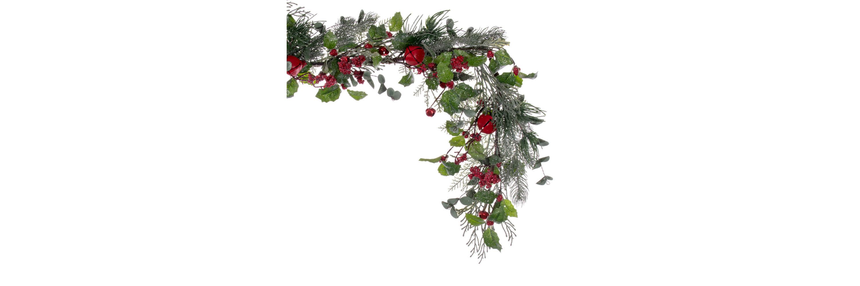Vickerman 5 Green Artificial Holly Pine and Red Jingle Bell Garland.