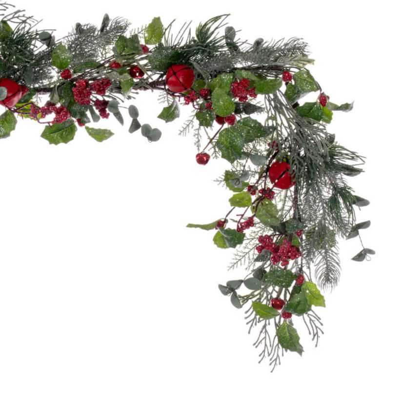 Vickerman 5 Green Artificial Holly Pine and Red Jingle Bell Garland.