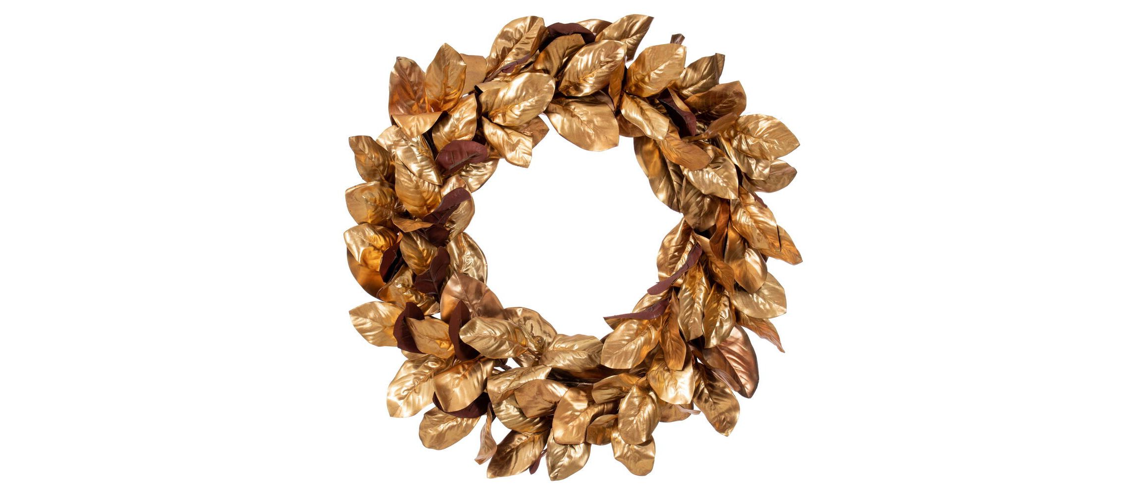 Vickerman 30" Metallic Gold Magnolia Leaf Wreath. It measures 30 by 18 inches.