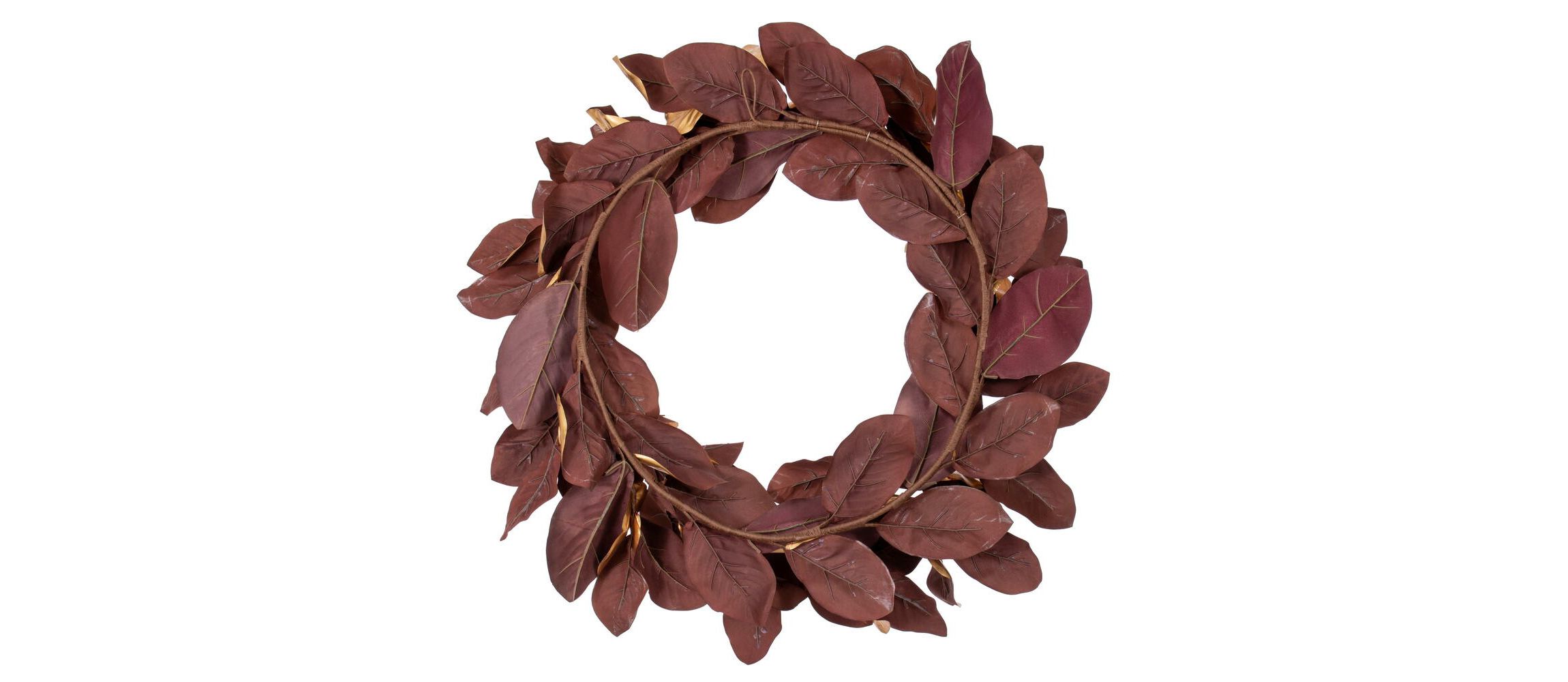 Vickerman 30" Metallic Gold Magnolia Leaf Wreath. It measures 30 by 18 inches.
