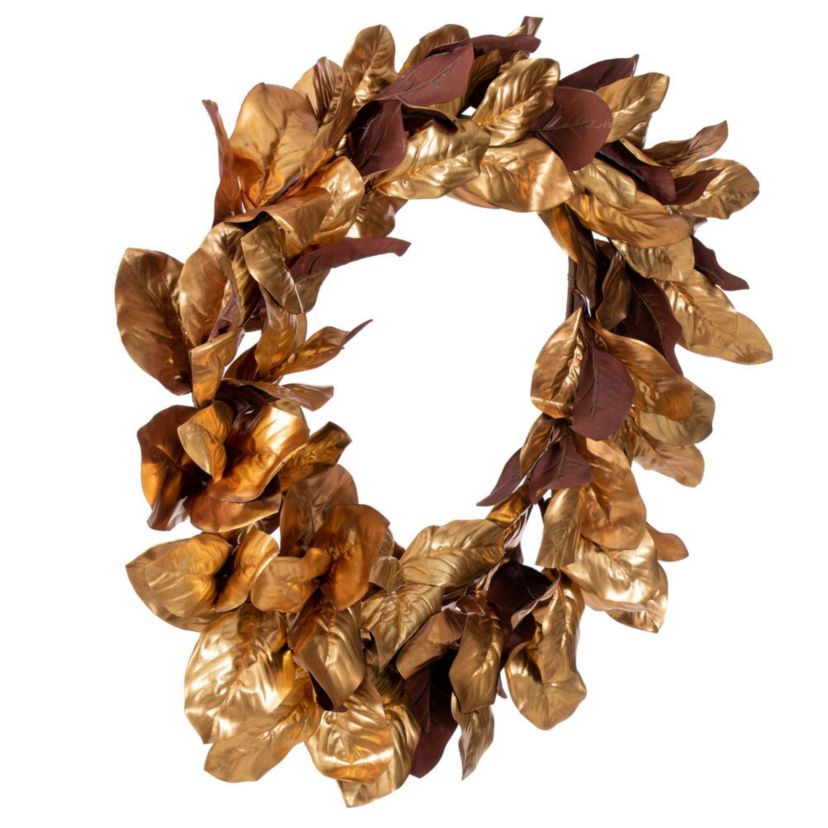 Vickerman 30" Metallic Gold Magnolia Leaf Wreath. It measures 30 by 18 inches.