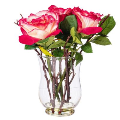Vickerman 10" Artificial Dark Pink Rose In Glass Vase