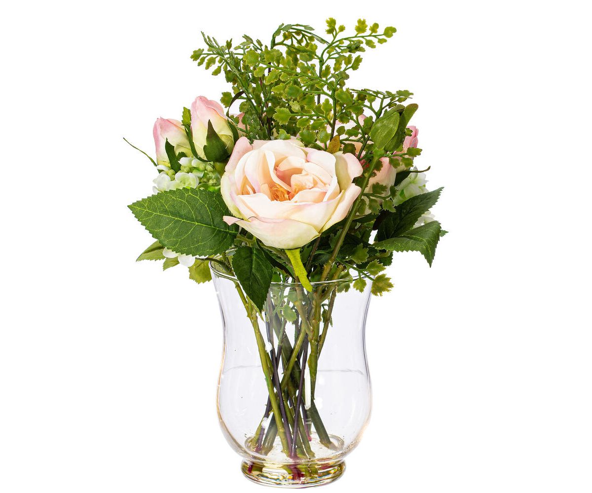 Vickerman 11" Artificial Pink Rose In Glass Vase.