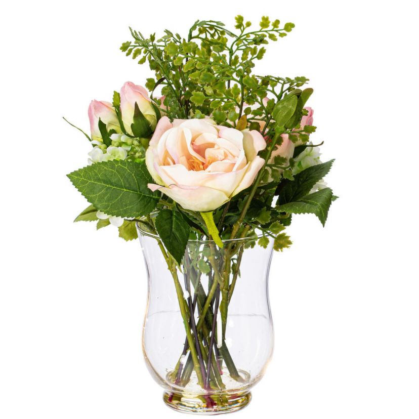 Vickerman 11" Artificial Pink Rose In Glass Vase.