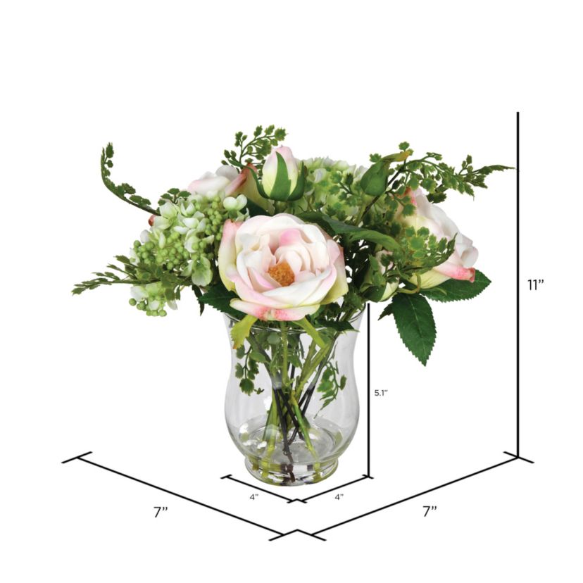 Vickerman 11" Artificial Pink Rose In Glass Vase.